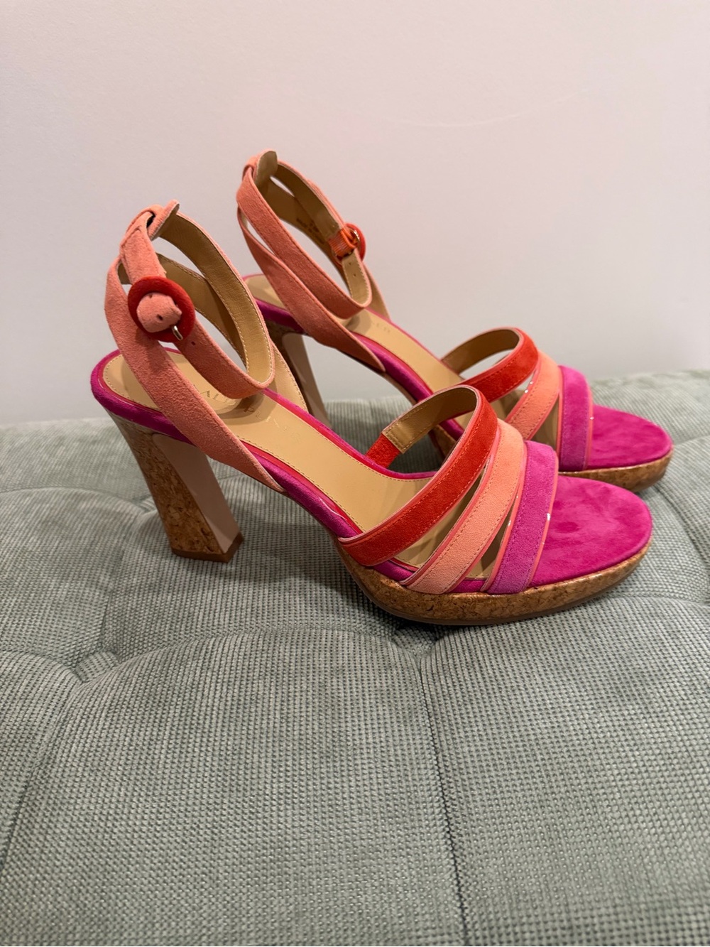 Donald J. Pliner Pink, Coral & Magenta Suede Cork Wedge Sandals